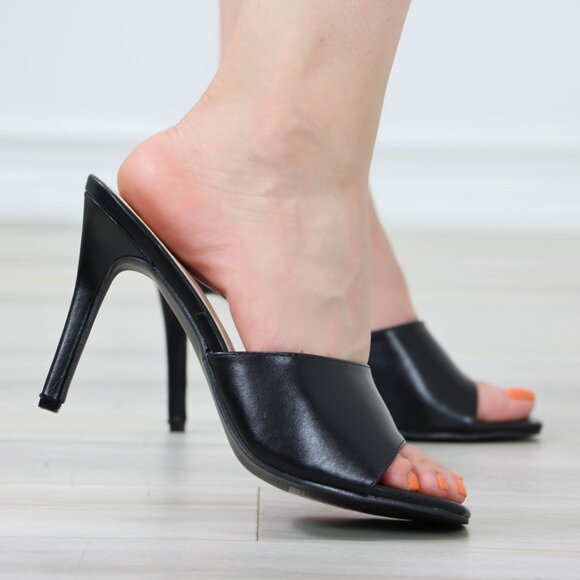Black High Heel Sandals Square Open Toe Slip On Mules Stiletto's - Picture 10 of 11